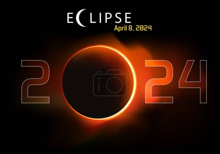 Illustration for Presentation of the new year 2024 on the theme of astronomy, with a total eclipse of the sun. - Royalty Free Image