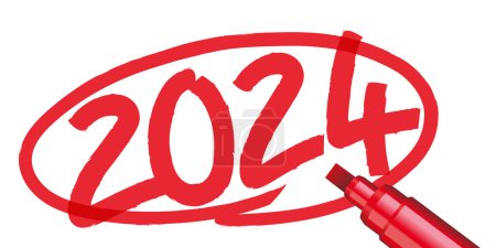 Téléchargez les illustrations : L'année 2024 écrite à la main et entourée d'un cercle rouge avec un marqueur ou un marqueur, sur un fond de papier blanc - en licence libre de droit