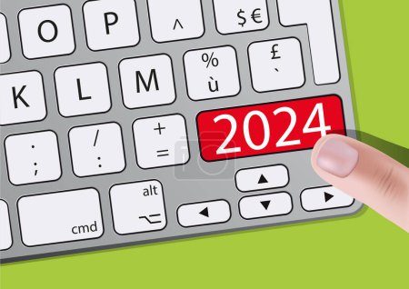 Téléchargez les illustrations : Un doigt appuie sur une touche d'un clavier d'ordinateur sur lequel est écrite l'année 2024, pour présenter les objectifs d'une entreprise. - en licence libre de droit
