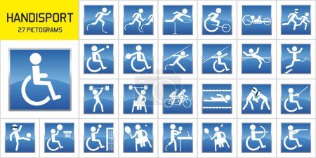 Téléchargez les illustrations : Concept de handicap et performance sportive avec pictogrammes représentant les principales disciplines sportives handicapées aux Jeux Olympiques. - en licence libre de droit