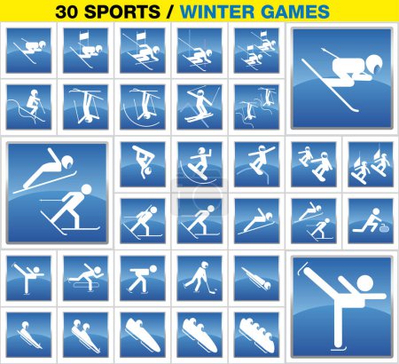 Téléchargez les illustrations : Une collection complète d'icônes ou de pictogrammes sportifs, pour signaler toutes les compétitions pratiquées en hiver. - en licence libre de droit