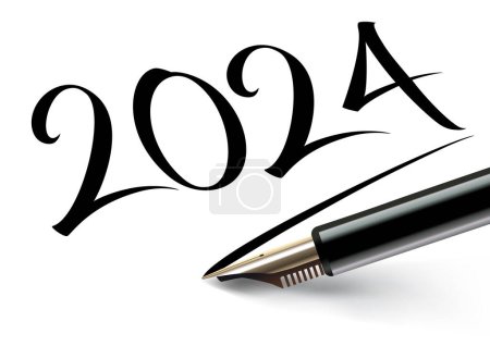 Téléchargez les illustrations : Souhaite 2024 inscrit sur un papier blanc à l'encre noire avec un stylo plume et souligné comme une signature. - en licence libre de droit