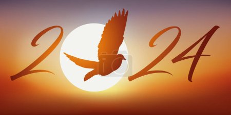 Téléchargez les illustrations : Une carte de vœux de 2024 symbolisant la liberté et la paix dans le monde, avec une colombe prenant son envol devant un coucher de soleil comme signe d'espoir. - en licence libre de droit