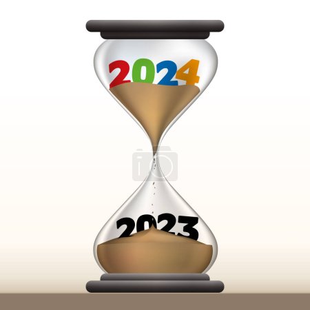 Concept de passage du temps et de transition vers la nouvelle année, avec un sablier qui présente 2024 en faisant disparaître 2023.