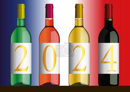 Illustration for Original presentation of the 2024 vintage with the year inscribed on four bottles of Bordeaux wines of different colors. - Royalty Free Image