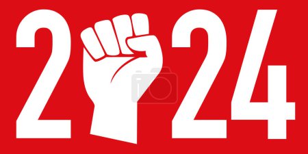 Illustration for Concept of the strike and demonstrations for the year 2024, with the fist raised on a red background to symbolize the spirit of revolt. - Royalty Free Image