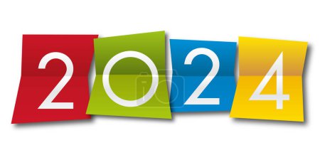 Ilustración de Tarjeta de felicitación 2024 con el año escrito en cuatro papeles de diferentes colores, para presentar el nuevo año. - Imagen libre de derechos