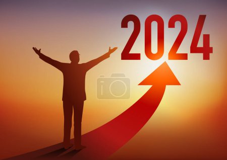 Téléchargez les illustrations : Carte de vœux 2024 montrant un homme d'affaires ouvrant ses bras devant une flèche rouge vers un horizon ensoleillé, symbole d'espoir et de succès pour la nouvelle année. - en licence libre de droit