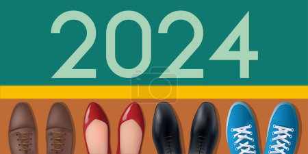 Ilustración de 2024 tarjeta de felicitación sobre el tema de la competencia en el mundo del trabajo con un símbolo de una línea de partida y los pies de cuatro personas de diferentes edades y géneros. - Imagen libre de derechos