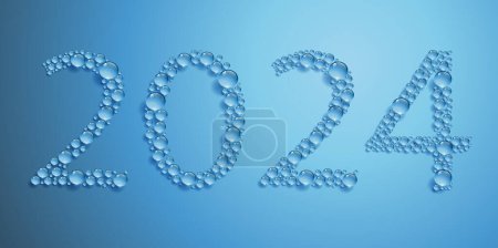 Illustration for Greeting card on the theme of the environment and sustainable development with the concept of water drops forming the year 2024 - Royalty Free Image