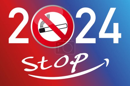 Illustration for Tobacco-themed 2024 greeting card and the resolution to quit smoking, with a no smoking sign, underlined by the word Stop - Royalty Free Image