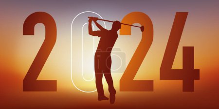 Illustration for Golf themed sport concept for a 2024 greeting card showing a golfer doing a swing. - Royalty Free Image