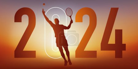 Téléchargez les illustrations : Concept de sport sur le thème du tennis pour une carte de vœux 2024, montrant un joueur de tennis faisant un service. - en licence libre de droit