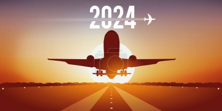Ilustración de Tarjeta de felicitación de la aerolínea 2024, que muestra un avión despegando de una pista de aterrizaje del aeropuerto, frente a una puesta de sol. - Imagen libre de derechos