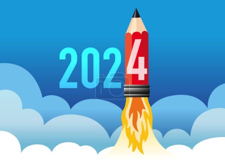 Téléchargez les illustrations : Illustration d'une fusée en forme de crayon décollant symbolisant l'énergie d'une jeune entreprise désireuse de réussir et d'atteindre ses objectifs pour l'année 2024 - en licence libre de droit