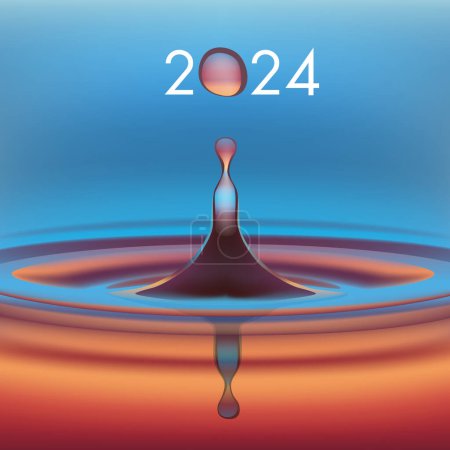 Téléchargez les illustrations : Carte de vœux écologique avec une goutte d'eau en suspension, symbole de pureté, qui forme le zéro de l'année 2024. - en licence libre de droit