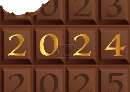 Téléchargez les illustrations : Carte de voeux 2024 avec une barre de chocolat au lait partiellement coupée pour symboliser le plaisir et l'avidité. - en licence libre de droit