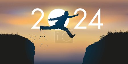 Téléchargez les illustrations : Un homme saute par-dessus un gouffre entre deux falaises devant un soleil de zénith et symbolise la transition vers la nouvelle année 2024 - en licence libre de droit