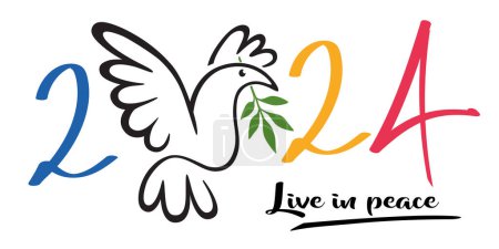 Illustration for Illustration of a dove holding in its beak an olive branch, to wish a year 2024 under the sign of peace in the world. - Royalty Free Image