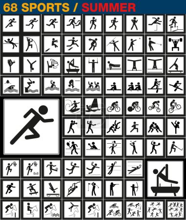 Ilustración de Una colección completa de iconos deportivos o pictogramas, para señalar todas las competiciones practicadas en verano. - Imagen libre de derechos