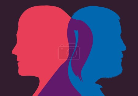 Ilustración de Concepto de vida en pareja con el perfil de un hombre y una mujer que simboliza tanto la unión como las diferencias. - Imagen libre de derechos