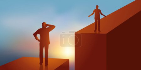 Illustration for Concept of the obstacle to be overcome, with two men separated by a chasm, who must find a solution to reunite. - Royalty Free Image