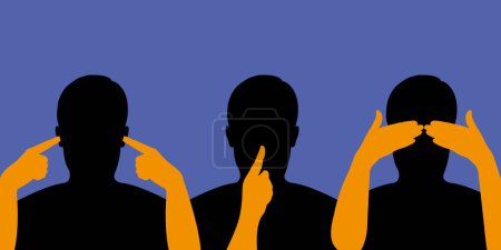 Illustration for Chinese concept of the three wisdom monkeys, with a man covering his ears, closing his eyes and remaining silent. - Royalty Free Image