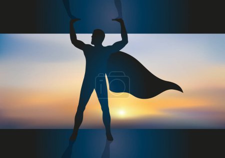 Téléchargez les illustrations : Concept du super-héros qui grâce à ses superpuissances réussit à sauver le monde de l'anéantissement. - en licence libre de droit