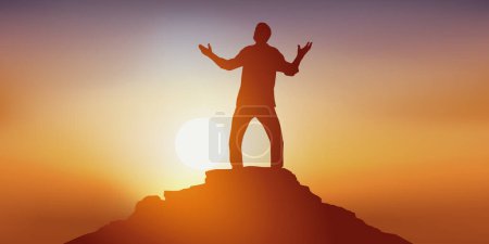 Illustration for Concept of leadership and success, with the symbol of a man who first reaches the top of a mountain. - Royalty Free Image