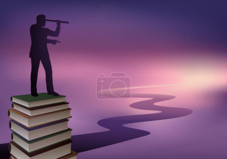 Concept of knowledge and knowledge, with the symbol of a man standing on a pile of books, looking at the horizon through a telescope.