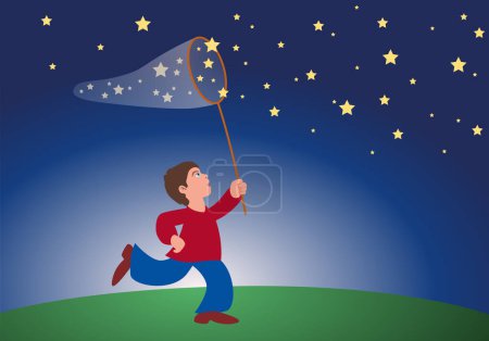 Téléchargez les illustrations : Concept de rêves et d'imagination avec le dessin d'un enfant qui attrape des étoiles avec un filet. - en licence libre de droit