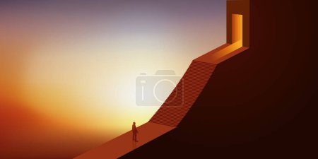 Concept of success with a man in front of a staircase that will allow him to climb the hierarchy and obtain leadership.