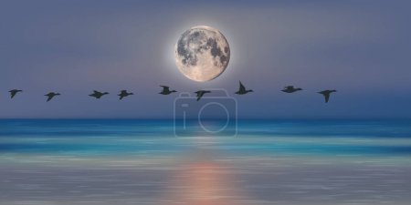 Mondscheinpanorama zeigt einen Flug von Zugvögeln über den Ozean.