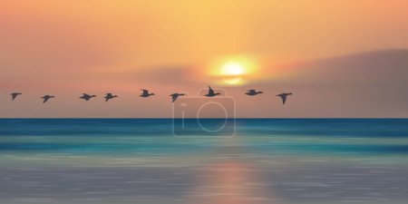 Panoramic landscape at setting sun, showing a flight of migratory birds over the ocean.