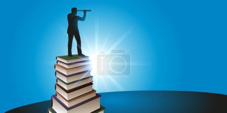 Concept of success based on knowledge, with the symbol of a man standing on a pile of books, looking at the horizon through a spyglass.