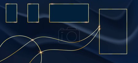 Photo for Abstract luxurious square frame and circle golden with curve lines gold on fabric crumpled design dark blue background. vector illustration - Royalty Free Image