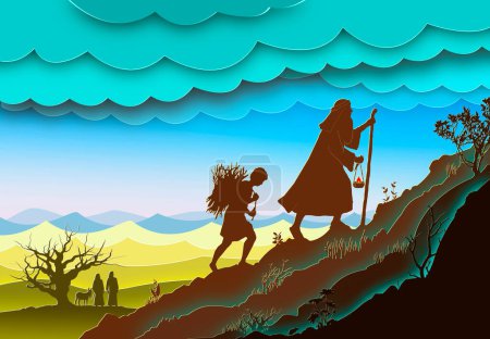 In the book of Genesis, God tells Abraham to sacrifice his son, Isaac, on mount Moriah. The Binding of Isaac. Paper art. Abstract, illustration, minimalism. Digital Art. Bible story.