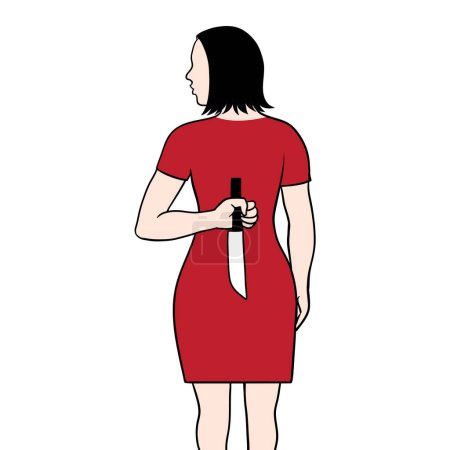 Ilustración de Mujer escondiendo cuchillo detrás de la espalda listo para traicionar o atacar. Ilustración vectorial. - Imagen libre de derechos
