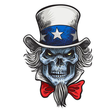 Menschlicher Schädel mit Uncle-Sam-Hut. USA Art Illustration isoliert auf Hintergrund