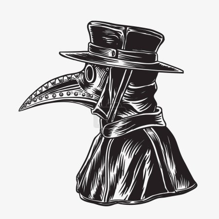 Plague doctor with bird mask and hat. Vector black vintage engraving illustration isolated on a white background.Hand drawn design 