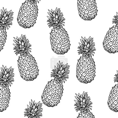 Illustration for Pineapple seamless pattern, vector black and white background with pineapples - Royalty Free Image