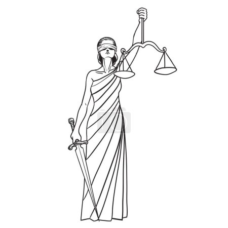 Themis déesse isolée sur fond blanc. Dame justice avec des balances et l'épée dans les mains. Symbole judiciaire. Illustration vectorielle.