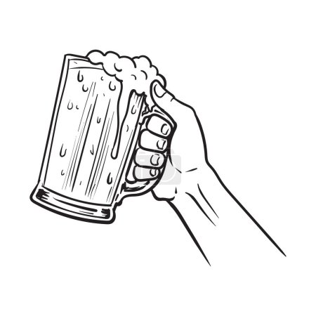 Ilustración de Mano sosteniendo una jarra de cerveza, dibujo en blanco y negro, fondo blanco - Imagen libre de derechos