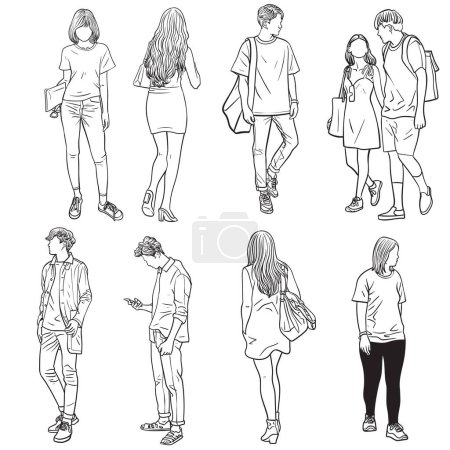 Illustration for Set of people in different poses in simple line art style, Hand drawn sketch, Black lines isolated on white. - Royalty Free Image