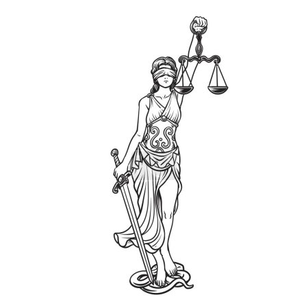 Themis goddess sculpture justice with scales vector illustration, law from ancient Hellenic myths. Black and white illustration of femida