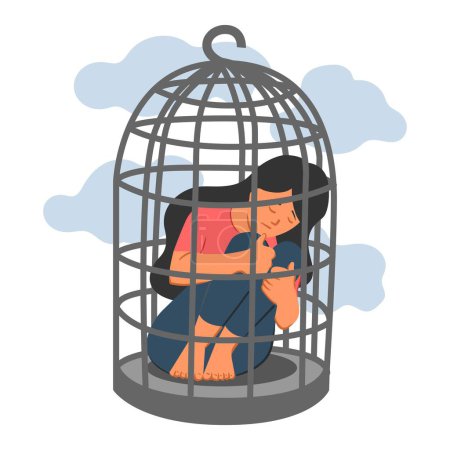 Téléchargez les illustrations : Femme étreignant ses genoux assis à l'intérieur de la cage isolé sur fond blanc - en licence libre de droit