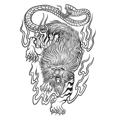 Nue - Japanese Demon , Chimerical Youkai with the head of a monkey, the body of a tiger, and a snake for a tail. vector illustration.