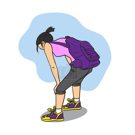 Müde Frau zu Fuß mit Rucksack. Vektoren Cliparts und Illustrationen