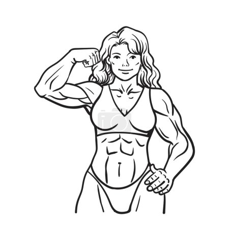 Ilustración de Chica muscular de fitness muestra bíceps, dibujos animados, aislado en un blanco. ilustración. - Imagen libre de derechos