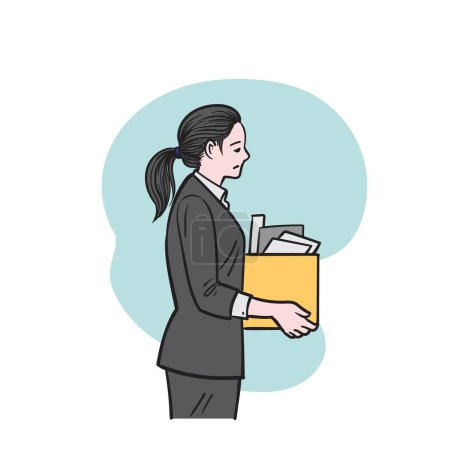 Unemployed fired  woman. Sad jobless female office worker holds box with personal stuff. Unhappy upset face worried about job loss. Unemployment during economic crisis. Flat vector illustration
